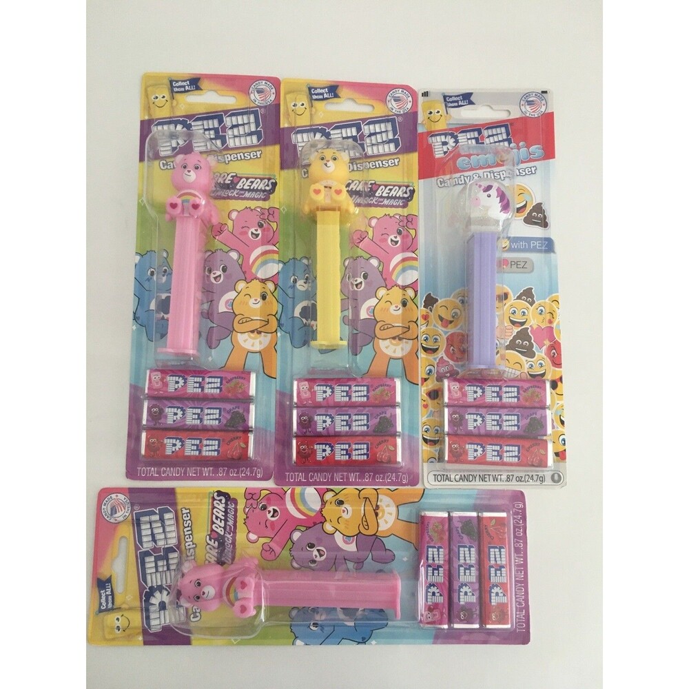 Set of 4 PEZ Candy 3 Care Bears 1 Emoji Crystal Unicorn Glit Collector Party
